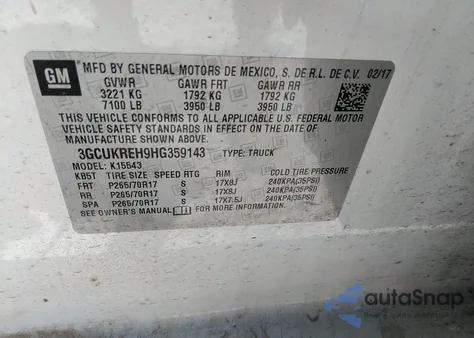 2017 Chevrolet Silverado 1500 1Lt from USA, damaged, VIN 3GCUKREH9HG359143